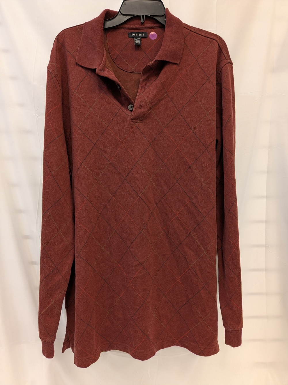 Van Heusen Maroon Long-Sleeve Polo with Subtle Diamond Pattern